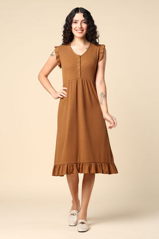 Brown Solid Buttoned Frill Feeding Dress With 2 Side Pockets - 