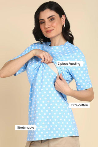 Blue with White Polka Dot Printed Zipless Maternity Feeding Top