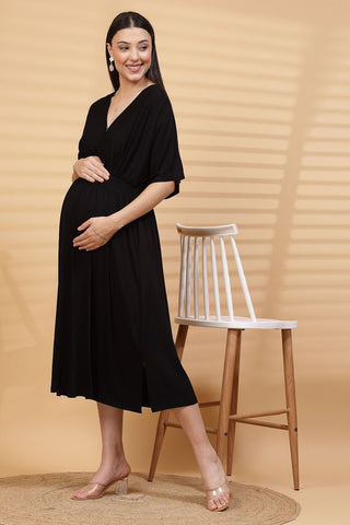 Black Solid Smocked Waist Zipless Feeding Dress