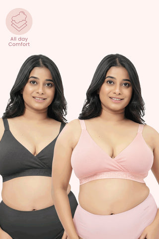 Zena Fine-Rib Bra Pack of 2 - (Rose Gold & Grey Melange)