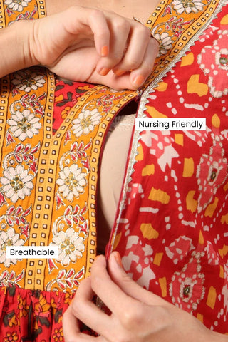 Crimson Red Patola Grace Festive Maternity Feeding Suit Set - House Of Zelena™