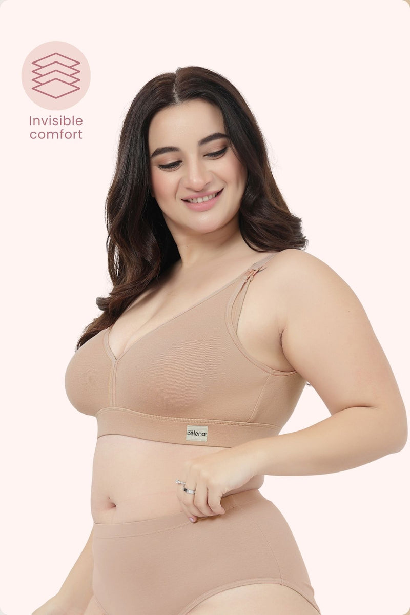 Lira Ribbed Cotton Nursing Padded Bra - Skin