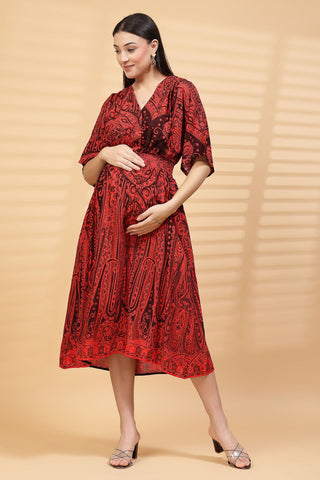 Red Paisley Print Maternity Feeding Dress