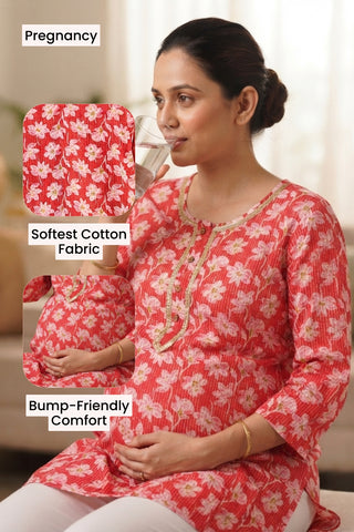 Zipless Feeding Cotton Top with Embroidered Neck - Red Floral