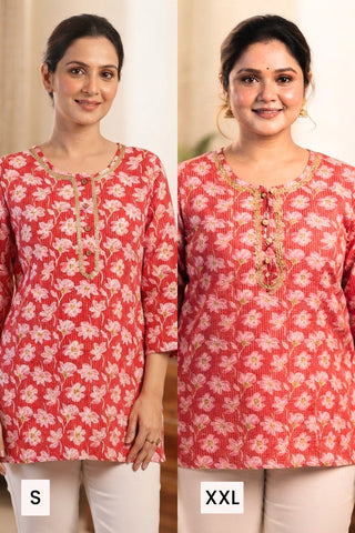Zipless Feeding Cotton Top with Embroidered Neck - Red Floral