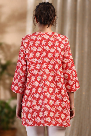 Zipless Feeding Cotton Top with Embroidered Neck - Red Floral