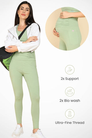 Ruched Cotton Pistachio Green Maternity Legging (Pregnancy & Postpartum)