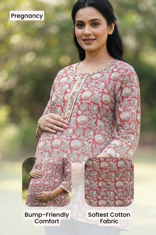 Zipless Feeding Cotton Top with Embroidered Neck - Red Multi