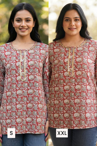 Zipless Feeding Cotton Top with Embroidered Neck - Red Multi