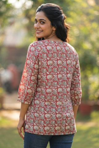 Zipless Feeding Cotton Top with Embroidered Neck - Red Multi