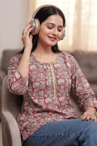 Zipless Feeding Cotton Top with Embroidered Neck - Red Multi