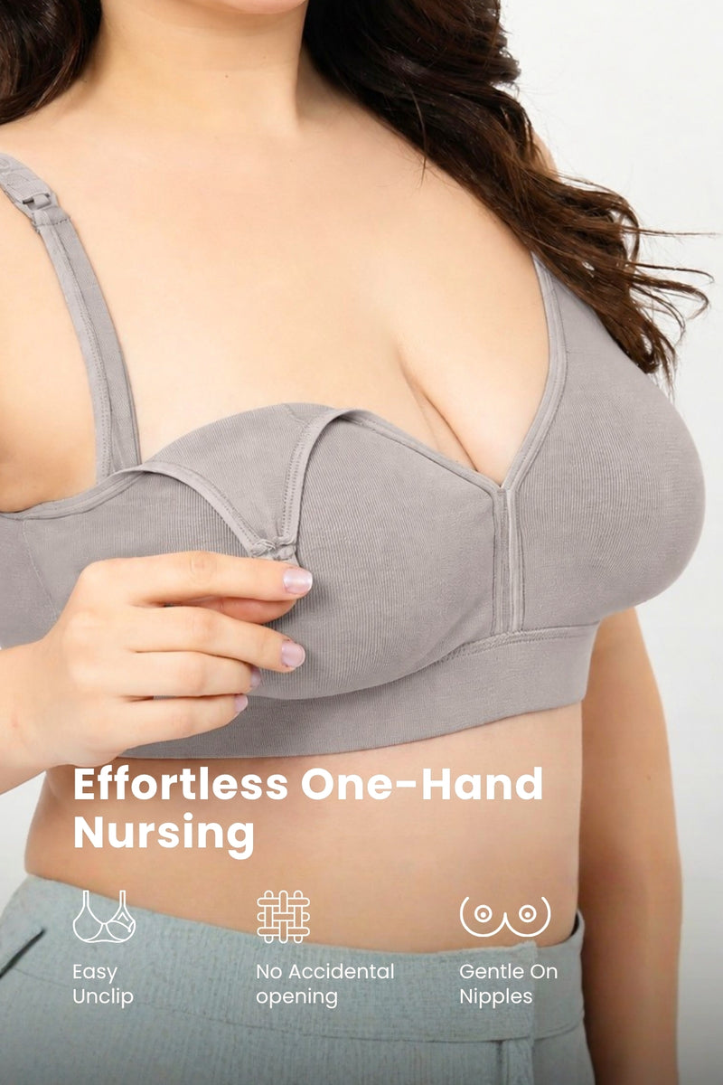 Lira Ribbed Cotton Nursing Padded Bra - Light Grey