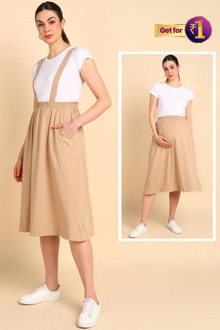 Beige 100% Cotton Jersey Pregnancy Skirt with Detachable Strap & Pockets