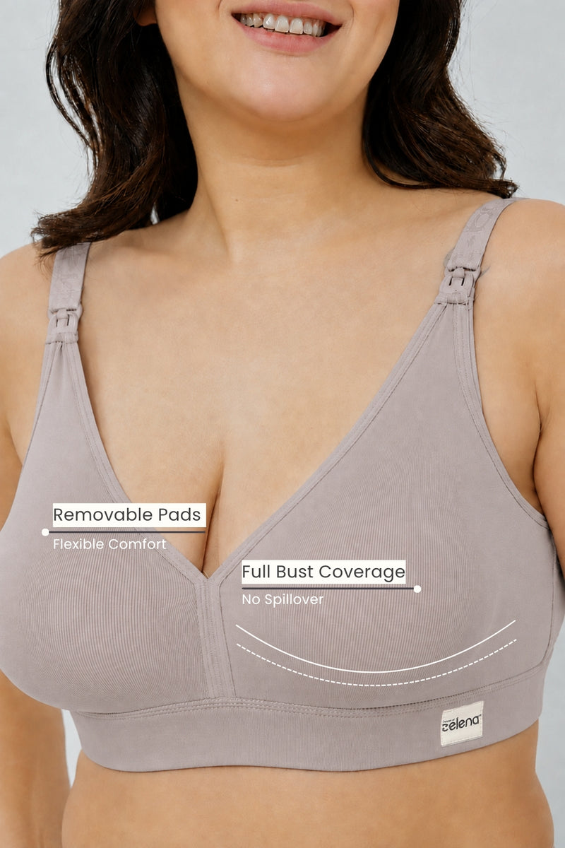 Lira Ribbed Cotton Nursing Padded Bra - Light Grey