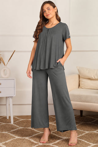 Zipless Top & Pajama Set in Charcoal Grey, full-length front view: wide-leg pajama with side pockets, zipless pleated top