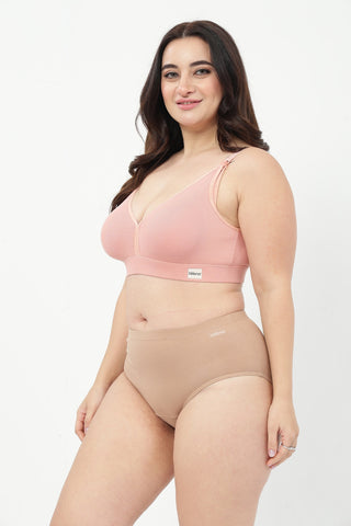 Lira Ribbed Cotton Nursing Padded Bra & High Rise Panty Set - (Rose Gold & Light Skin)