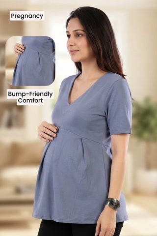 Pleated Cotton Maternity Nursing Top - Mist