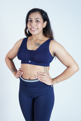 Navy Maternity Bra; adjustable shoulder straps ensure fitting as size changes.