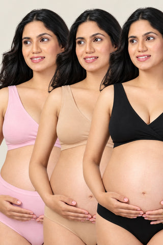 247 (Upgraded) Modal Pack of 3 Padded Maternity Feeding Bra (Black, Skin, Light Pink)