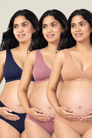 247 (Upgraded) Modal Pack of 3 Padded Maternity Feeding Bra (Navy, Dark Skin, Plumwine)