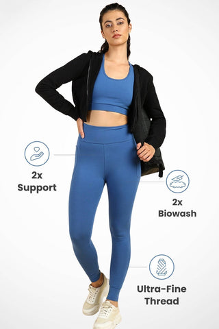 Blue Legging; quality fabric maintains shape and color after washing.