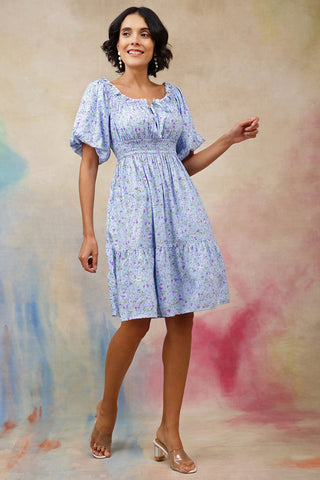 Woman wearing Floral Rayon Midi Dress with Zipless Feeding in Blue - Pre & Post Pregnancy