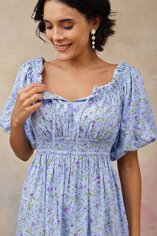 Side Profile of Blue Nursing Dress showing Feeding Zips & Pockets & Fit