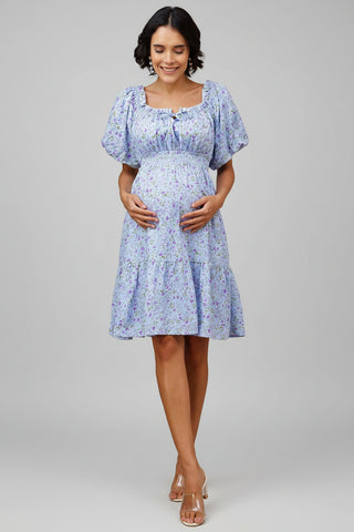 Floral Rayon Midi Dress with Zipless Feeding - Blue