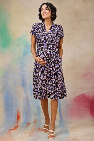 Ditsy Floral Print Maternity Nursing Dress Front View - Black Rayon Maternity Dress with Feeding Zips & Pockets
