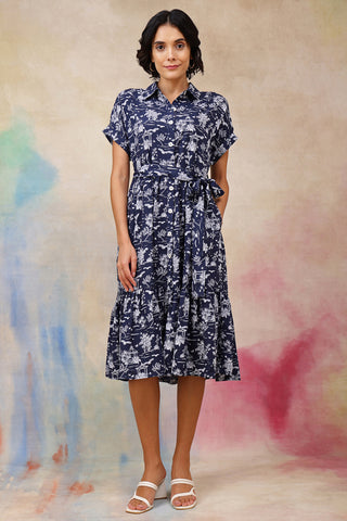 Stylish Red Maternity Wear - Everly Toile Printed Tiered Cotton Poplin Zipless Feeding Shirt Dress for New Moms