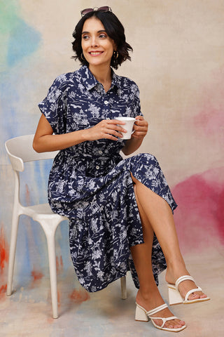 Back View of Everly Toile Printed Tiered Cotton Poplin Zipless Feeding Shirt Dress - Flattering Silhouette for Pregnancy