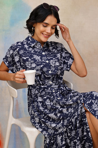 Soft Cotton Texture of Everly Toile Printed Tiered Cotton Poplin Zipless Feeding Shirt Dress - Breathable & Comfy