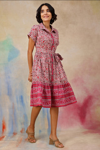 Woman wearing Maya The Block Print Zipless Feeding Shirt Dress with Twirling Tiers in Stylish - Pre & Post Pregnancy