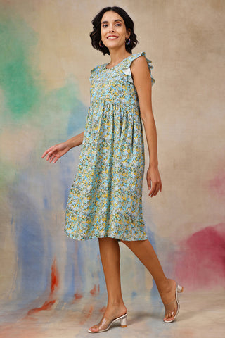 Soft Soft Texture of Ditsy Blue Floral Bloom Zip Feeding Dress - Breathable & Comfy