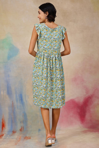 Close Up of Soft Fabric Detail on Ditsy Blue Floral Bloom Zip Feeding Dress