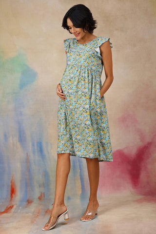 Stylish Blue Maternity Wear - Ditsy Blue Floral Bloom Zip Feeding Dress for New Moms