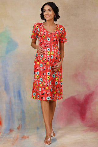 Floral Printed Zipless Feeding Dress Front View - Red Cotton Maternity Dress with Feeding Zips & Pockets