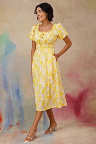 Woman wearing Floral Cotton Midi Dress with Zipless Feeding in Yellow - Pre & Post Pregnancy