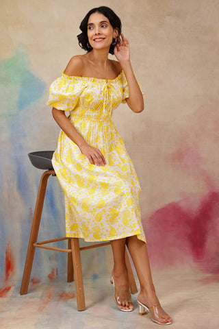 Floral Cotton Midi Dress with Zipless Feeding Front View - Yellow Cotton Maternity Dress with Feeding Zips & Pockets