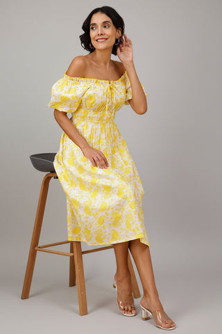 Floral Cotton Midi Dress with Zipless Feeding - Yellow
