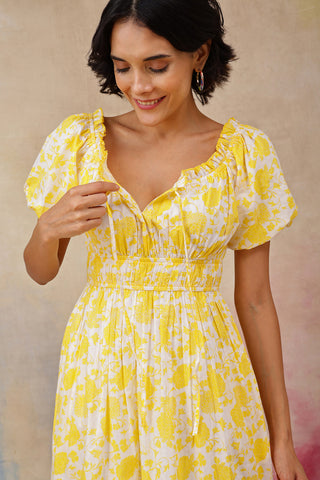 Side Profile of Yellow Nursing Dress showing Feeding Zips & Pockets & Fit