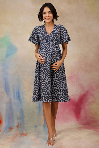 Maternity Floral V-Neck Midi Feeding Dress