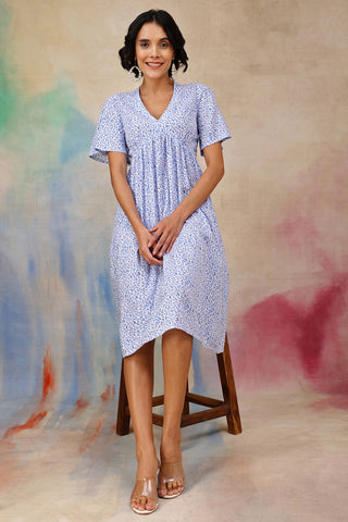 Back View of Anya Feminine Splatter Printed Dress In Flowy Textured Cotton Cambric - Flattering Silhouette for Pregnancy