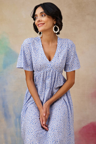 Detail of Hidden Nursing Access on Anya Feminine Splatter Printed Dress In Flowy Textured Cotton Cambric for