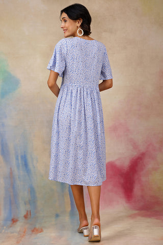 Close Up of Cotton Fabric Detail on Anya Feminine Splatter Printed Dress In Flowy Textured Cotton Cambric