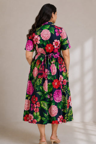 Floral Printed Cotton Zipless Feeding  Dress - Navy Blue