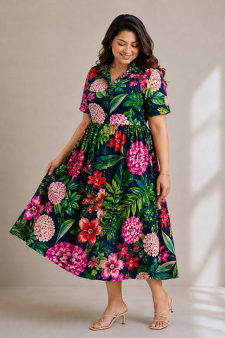 Floral Printed Cotton Zipless Feeding  Dress - Navy Blue