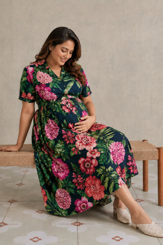 Floral Printed Cotton Zipless Feeding  Dress - Navy Blue