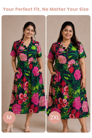 Floral Printed Cotton Zipless Feeding  Dress - Navy Blue