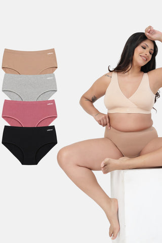 High-Waist Cotton Comfort Hipster (Pack of 4) (Black, Blush, Grey Melange & Light Skin)